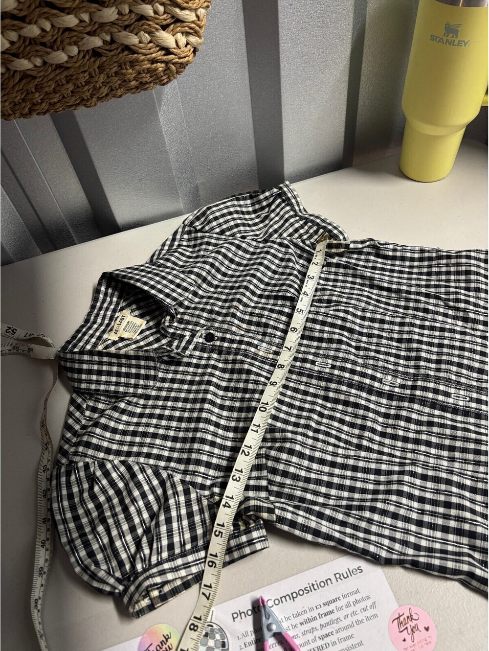 At Last Black White Plaid Fitted Button Up Puff Sleeve Shirt M Y2K Office Siren - Picture 5 of 8